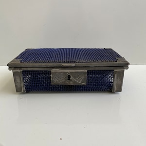 Vintage Metal Cash Box with Tray and Key Blue Mesh 1920s 30s