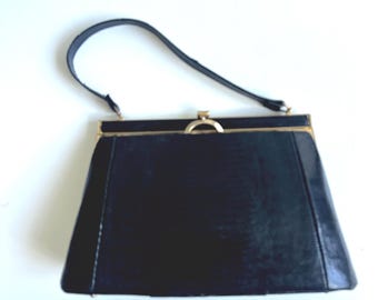 Vintage 1960s Reptile Embossed Leather Handbag Black