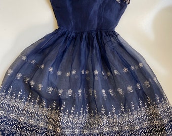 Kastane embroidery organdy dress サイズ1 Vintage 1950s Organdy Dress Navy Blue White Embroidery