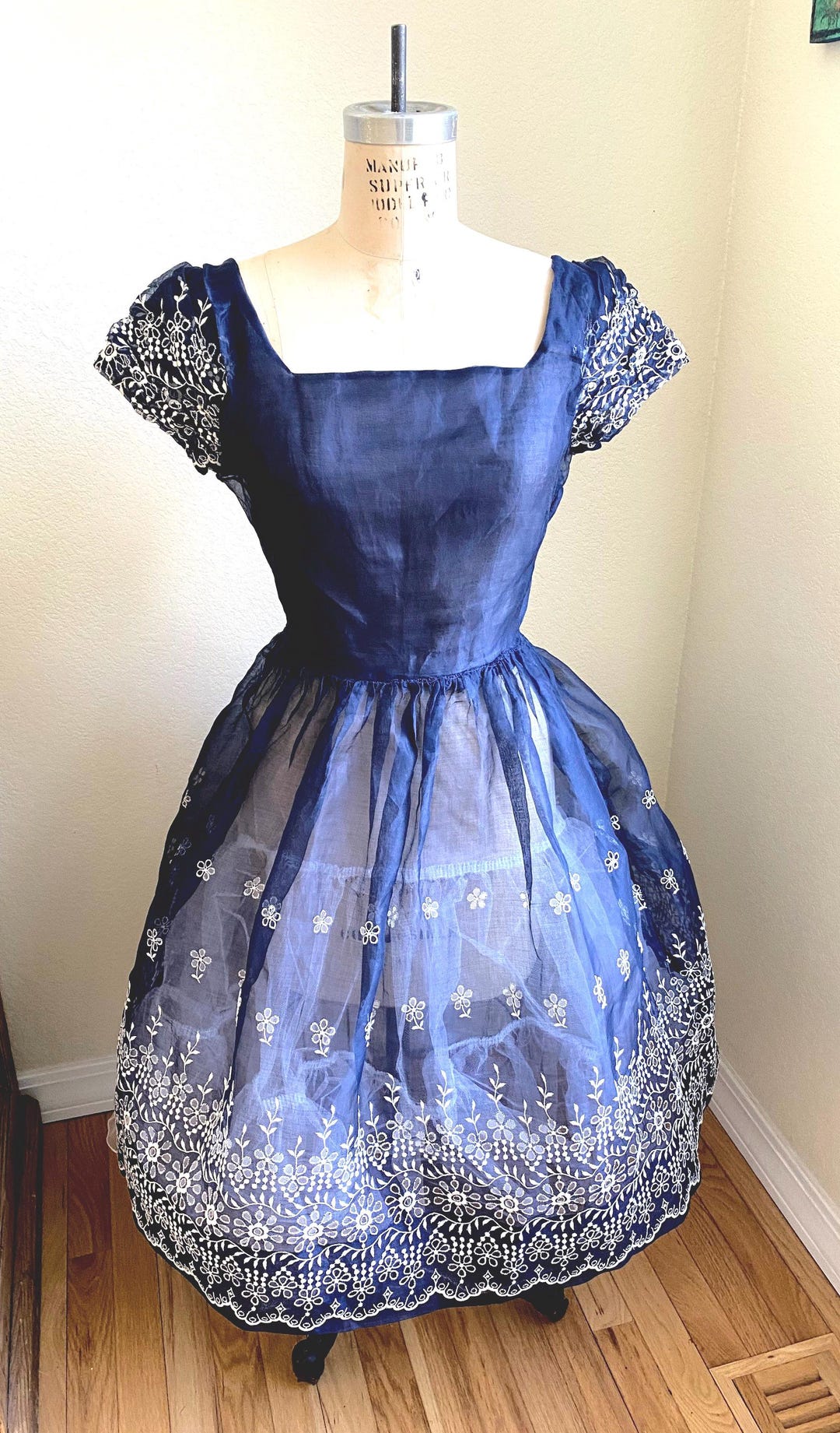 Vintage 1950s Navy Organdy Dress: White Floral Embroidery