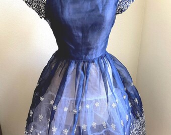 Vintage 1950s Navy Organdy Dress: White Floral Embroidery