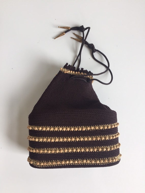 Vintage 1950s Crocheted Drawstring Handbag Brown … - image 2