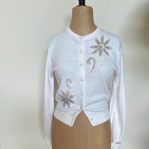 Vintage Hand Beaded Sweater Cardigan 1960s 70s White