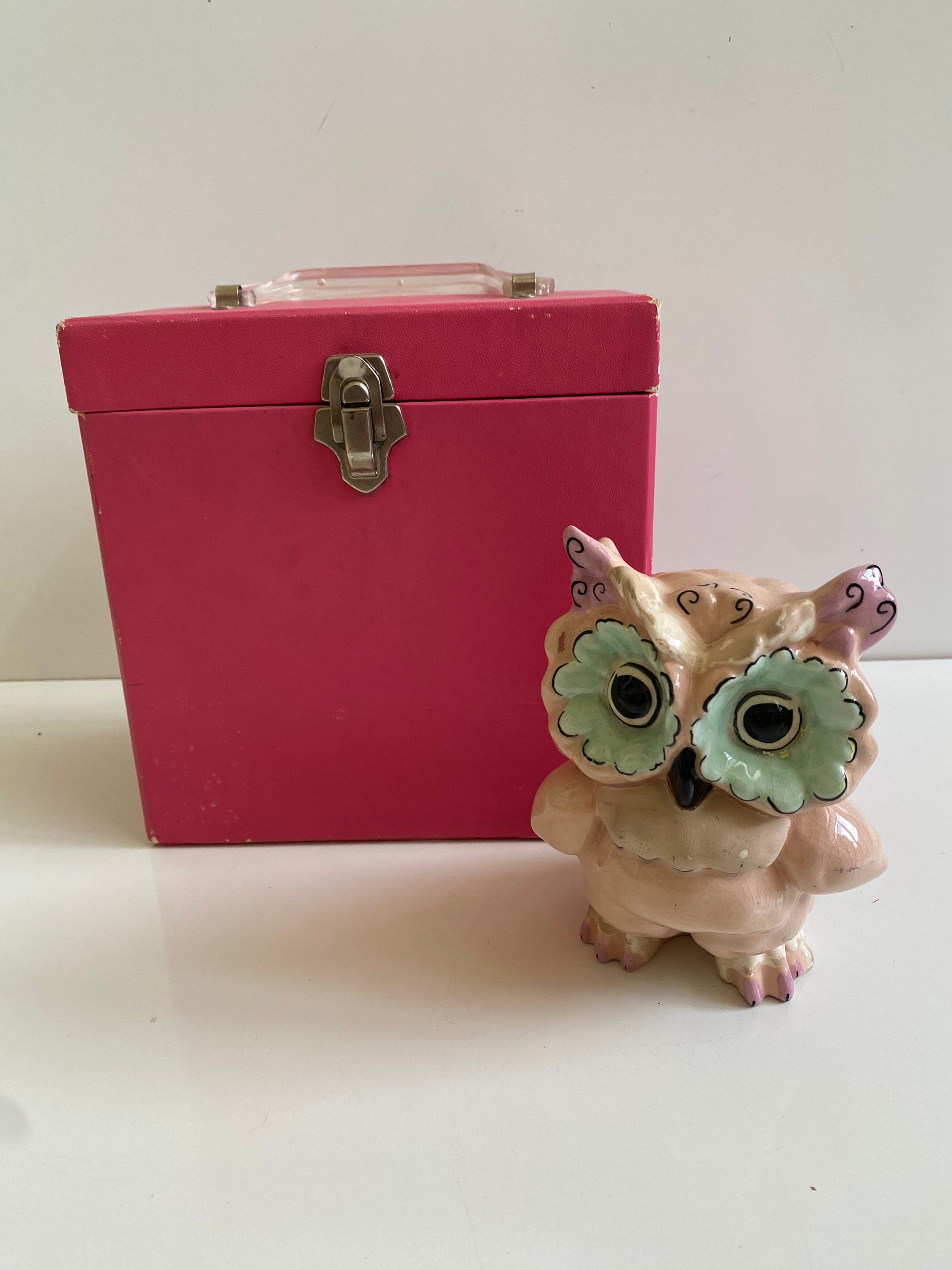 Vintage Ceramic Owl Figurine 1970s Pink