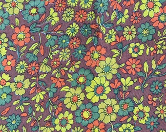 Vintage 1970s Cotton Fabric Brown Orange Green Floral Print Flower Power