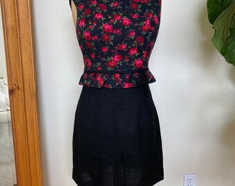 Vintage 1960s Mini Dress Floral and Black Linen Like