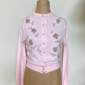 Vintage Hand Beaded Sweater Cardigan 1960s 70s Pink