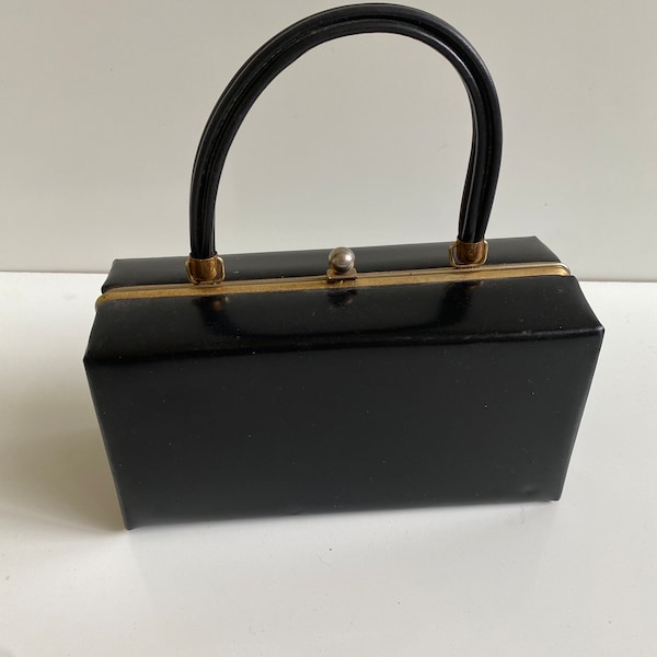 Vintage Black Vinyl Handbag Box Bag 1960s