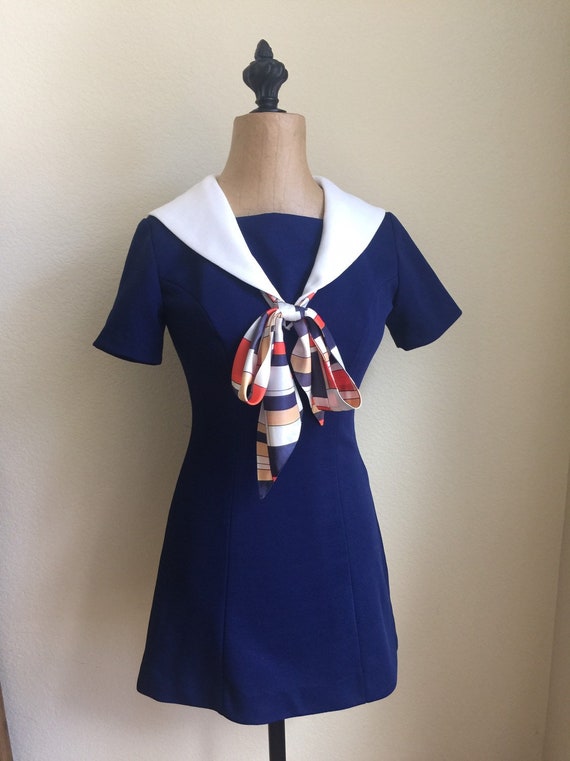 Vintage 1960s Mini Dress Sailor Style Navy and Whi