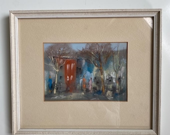Vintage 1970s Original Pastel Drawing City Scene by Artist William Jacobs Signed
