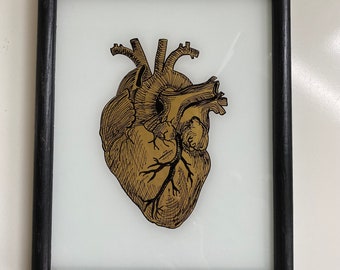 Reverse Painting on Glass Human Heart in Gold and Black