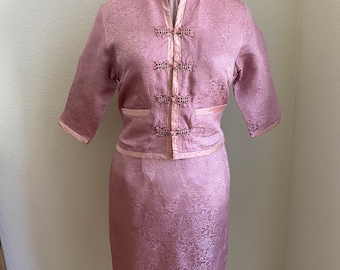 Vintage Satin Brocade Asian Suit Skirt, Jacket and Blouse Pink 1960s