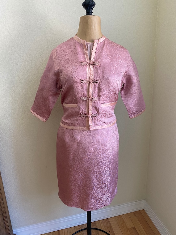 Vintage Satin Brocade Asian Suit Skirt, Jacket an… - image 1