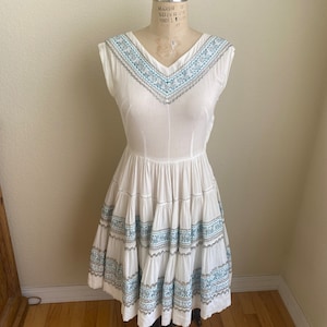 Vintage 1950s Patio Dress White Turquoise Silver