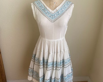 Vintage 1950s Patio Dress White Turquoise Silver