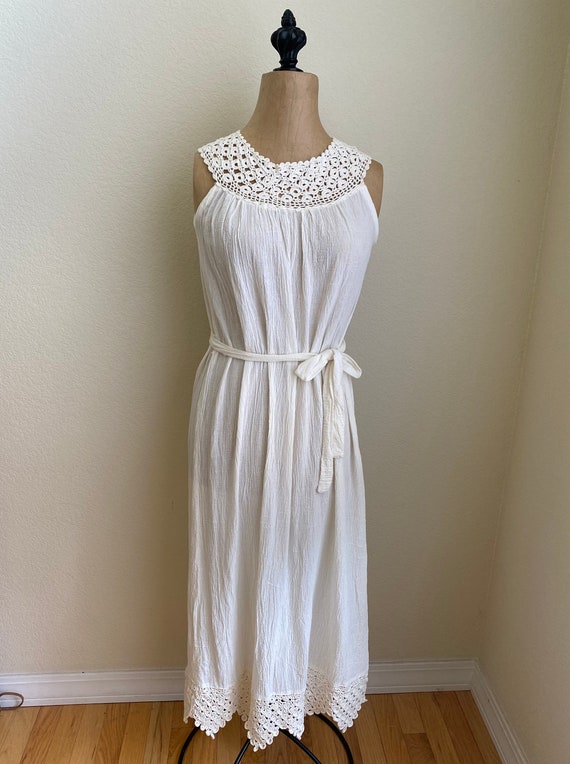 Vintage 1970s Gauze Dress Crocheted Lace