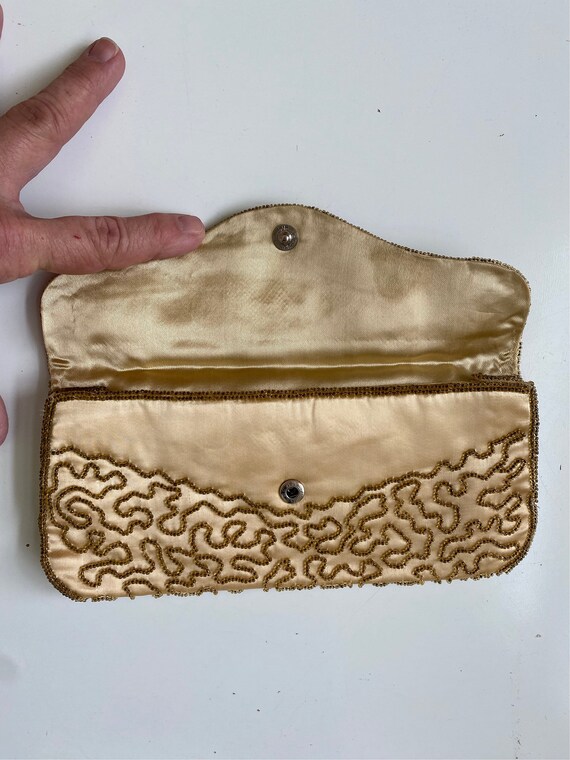 Vintage 1960s Gold Satin Beaded Purse - image 4