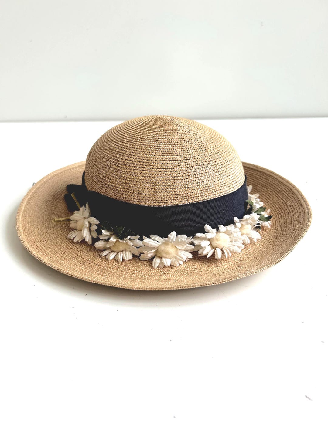 Spring Staw Hat Vintage Child Straw Hat Spring Easter Hat With Daisies and Black Ribbon ...