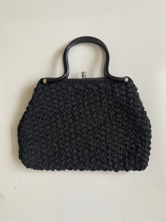 Vintage 1960s 70s Crocheted Handbag Black