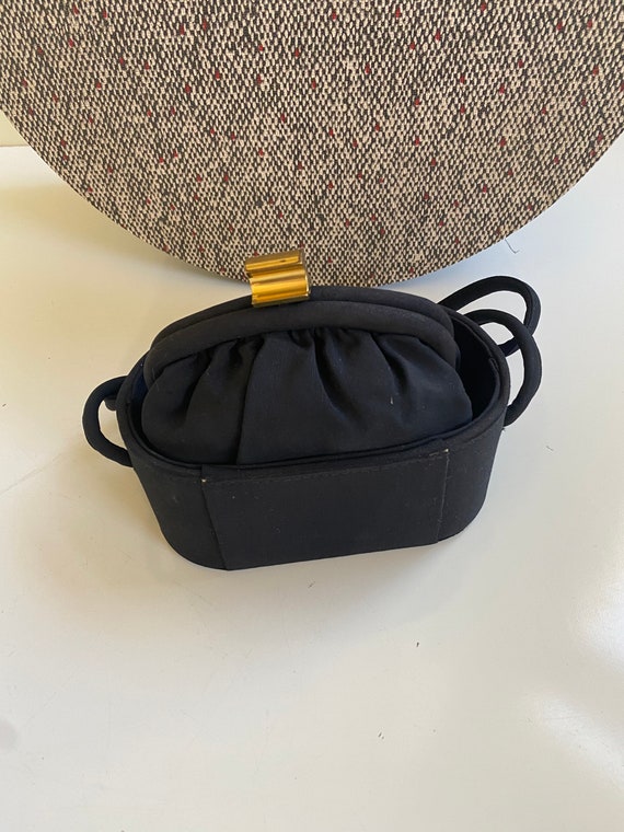 Vintage 1940s Black Fabric Handbag Bucket Style - image 1