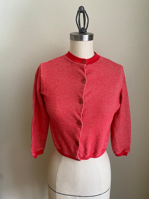 Vintage 1960s Knit Cardigan by Catalina Red White 