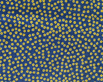 Vintage 1970s Cotton Fabric Floral Print Blue Yellow
