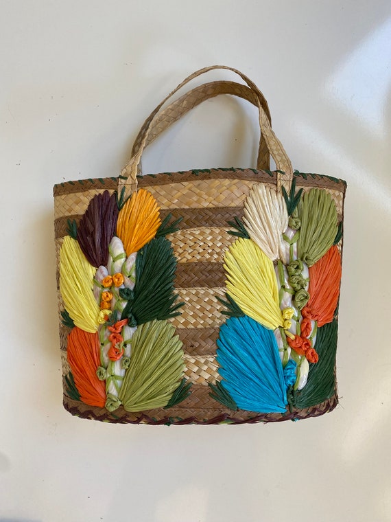 Vintage Palm Leaf  Beach Tote Vintage 1960s 70s Em