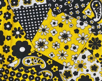 Vintage 1970s Cotton Fabric Faux Patchwork Blue Yellow