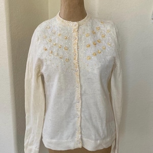 Vintage Hand Beaded Sweater Cardigan 1950s 60s Cream Colored Extensive Beading