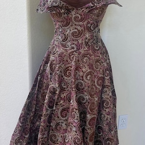 Vintage 1950s Taffeta Party Dress Brown, Pink, Gold Brocade VGUC
