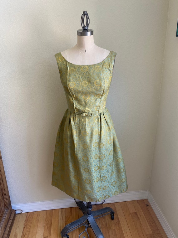 1960s Green Brocade Fit and Flare Dress