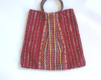 Vintage Woven Textile Bag with Wicker Handles Colorful!