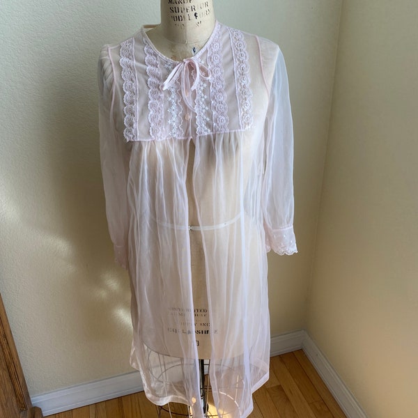 Vintage Nylon Bed Jacket Robe Pink Chiffon Sears 1970s