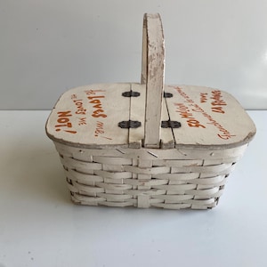 Vintage 1950s Small Wooden Picnic Basket White with Campy Sayings