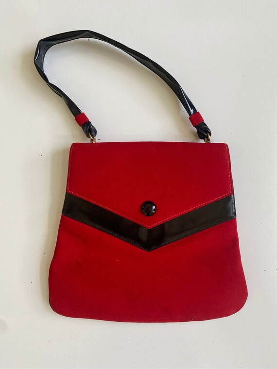 Vintage 1960s Faux Suede Handbag Red Black