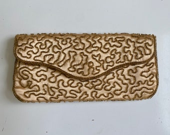 Vintage 1960s Gold Satin Beaded Purse