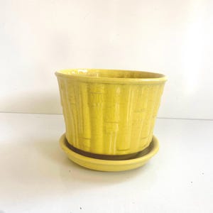 May include: A yellow ceramic planter with a matching saucer. The planter has a textured, basket-weave design. The round saucer is beneath the planter. The planter and saucer are a bright, sunny yellow color.