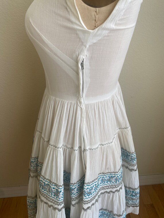 Vintage 1950s Patio Dress White Turquoise Silver View 3