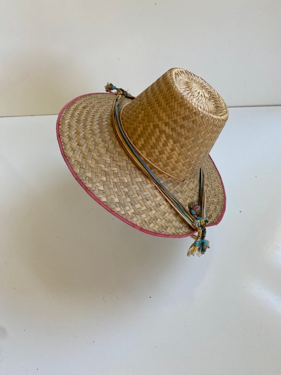 Vintage 1950s Straw Sun Hat Beach Hat Tall Crown - image 1