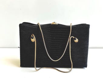 Vintage 1960s Black Vinyl Handbag Embossed Reptile Skin Pattern