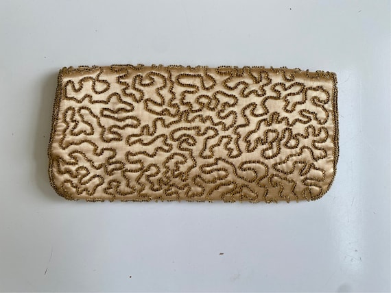 Vintage 1960s Gold Satin Beaded Purse - image 2