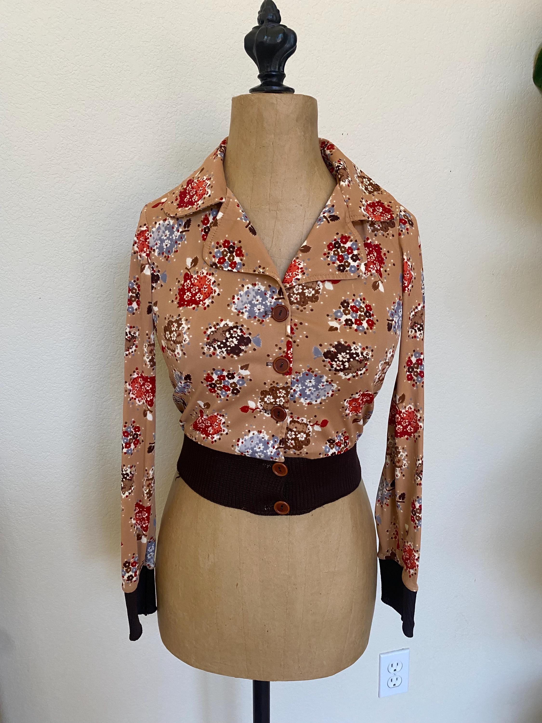 Vintage 1970s Polyester Button Up Blouse Butterfly Collar Cropped