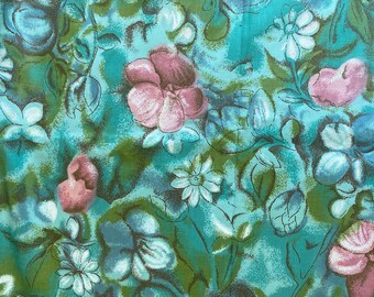 Vintage 1960s Floral Print Fabric Lightweight Cotton Blue Green Pink