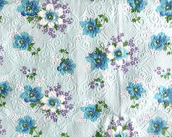Vintage 1950s 60s Floral Print Fabric Lightweight Cotton Turquoise Purple White