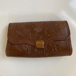 Vintage Tooled Leather Clutch Purse Brown 1950s