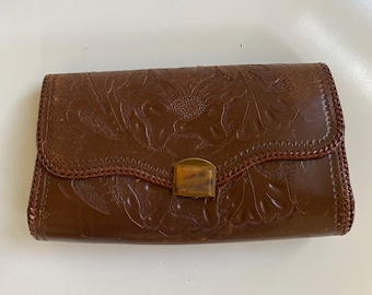 Vintage Tooled Leather Clutch Purse Brown 1950s