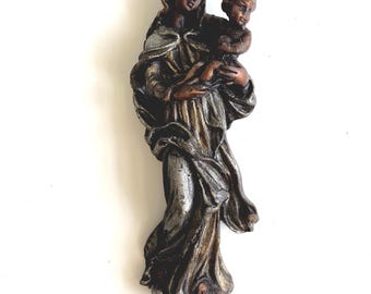 Vintage 1950s Wax Madonna and Child Figurine Wall Hanging