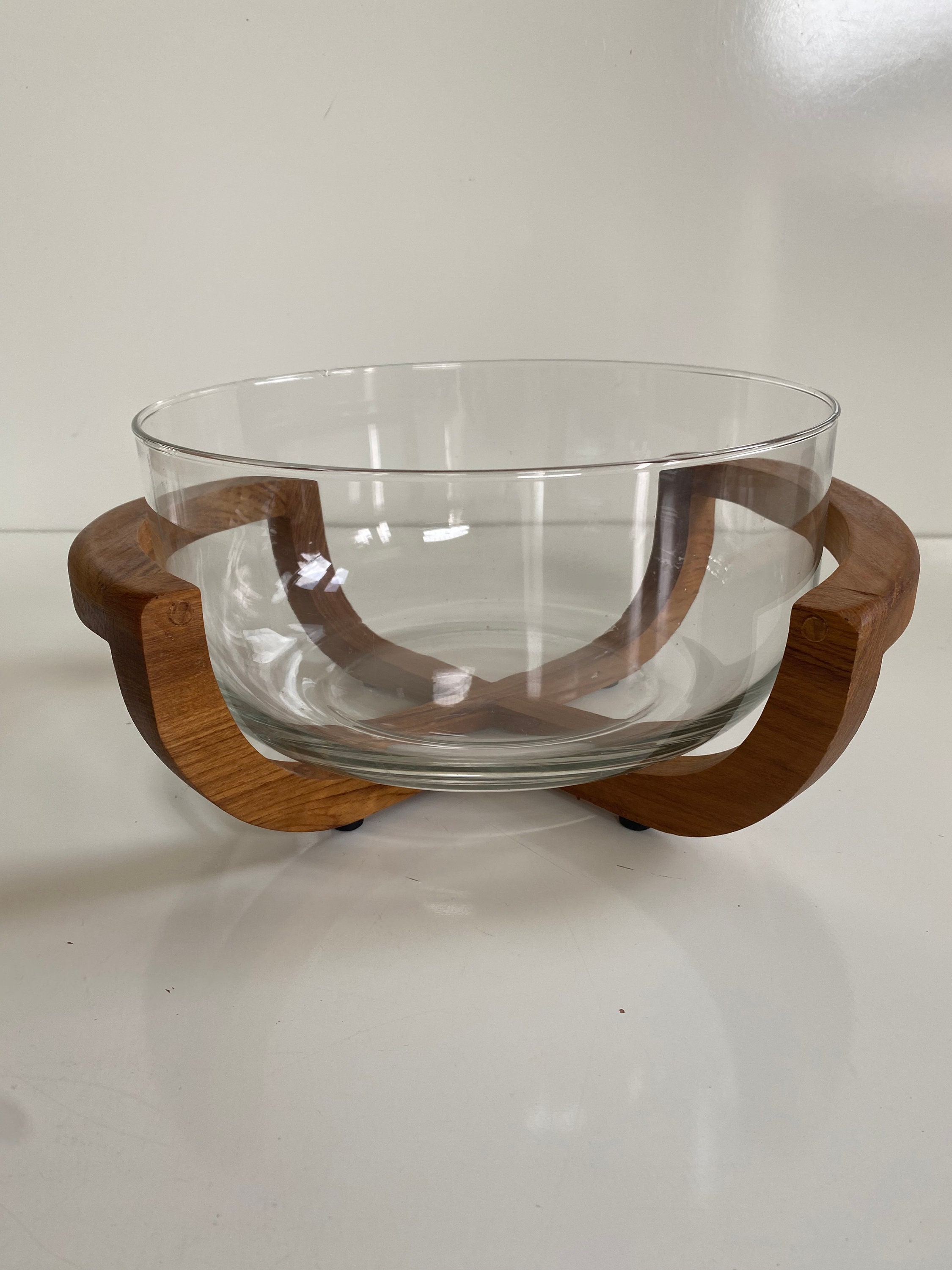 Mid Century Modern Large Glass Salad Bowl With Teak Stand by