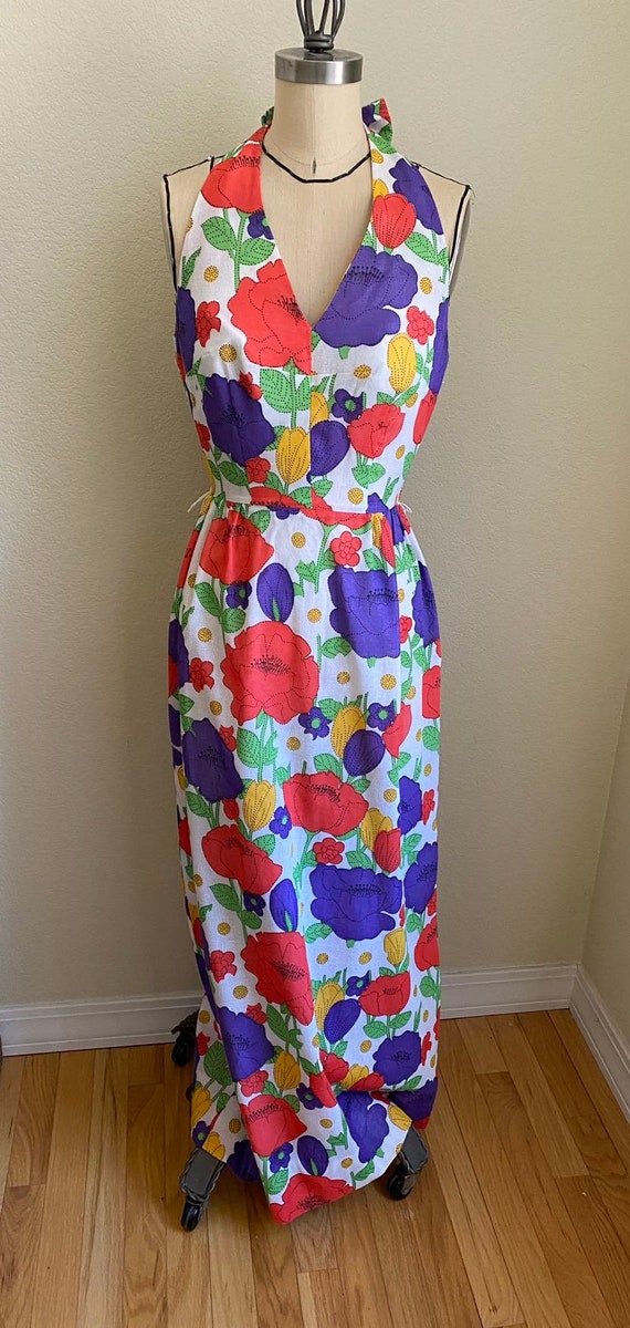 Vintage Resort Wear Dress 1970s Bright Floral Print Halter