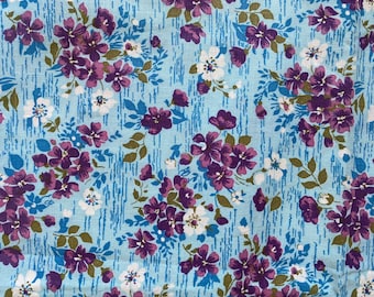 Vintage Cotton Fabric, Blue Lilac Floral Print, 1960s Sheer Fabric